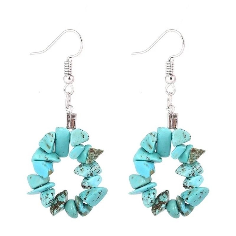 Turquoise Colored Stone Chip Earrings Dangle Drop Silver Tone‎ Women's Jewelry